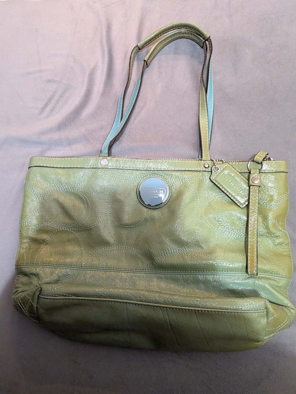 Coach Olive Green Patent Leather Signature Embossed Shoulder Tote Bag